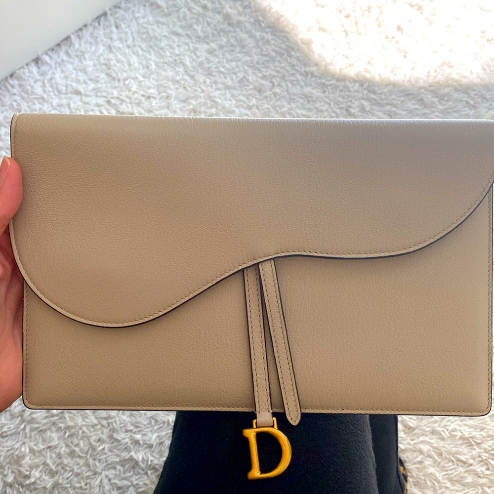 Dior Beige Leather Clutch with Gold D Charm